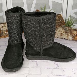 Minnetonka Black Suede Grey Tweed Sheepskin Fur Lined Ankle Boots - 86510